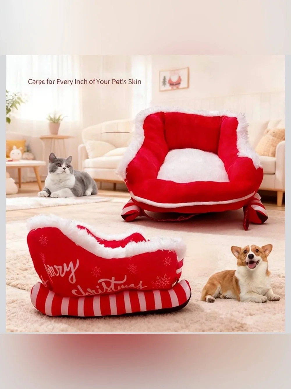 NWOT 2026 New Festive Plush Christmas Sleigh Cozy Dog Bed, Plush Cozy Dog Bed-S